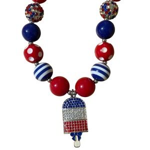 Patriotic Popsicle Charm Chunky Beaded Necklace Red White Blue 4th of July Gift